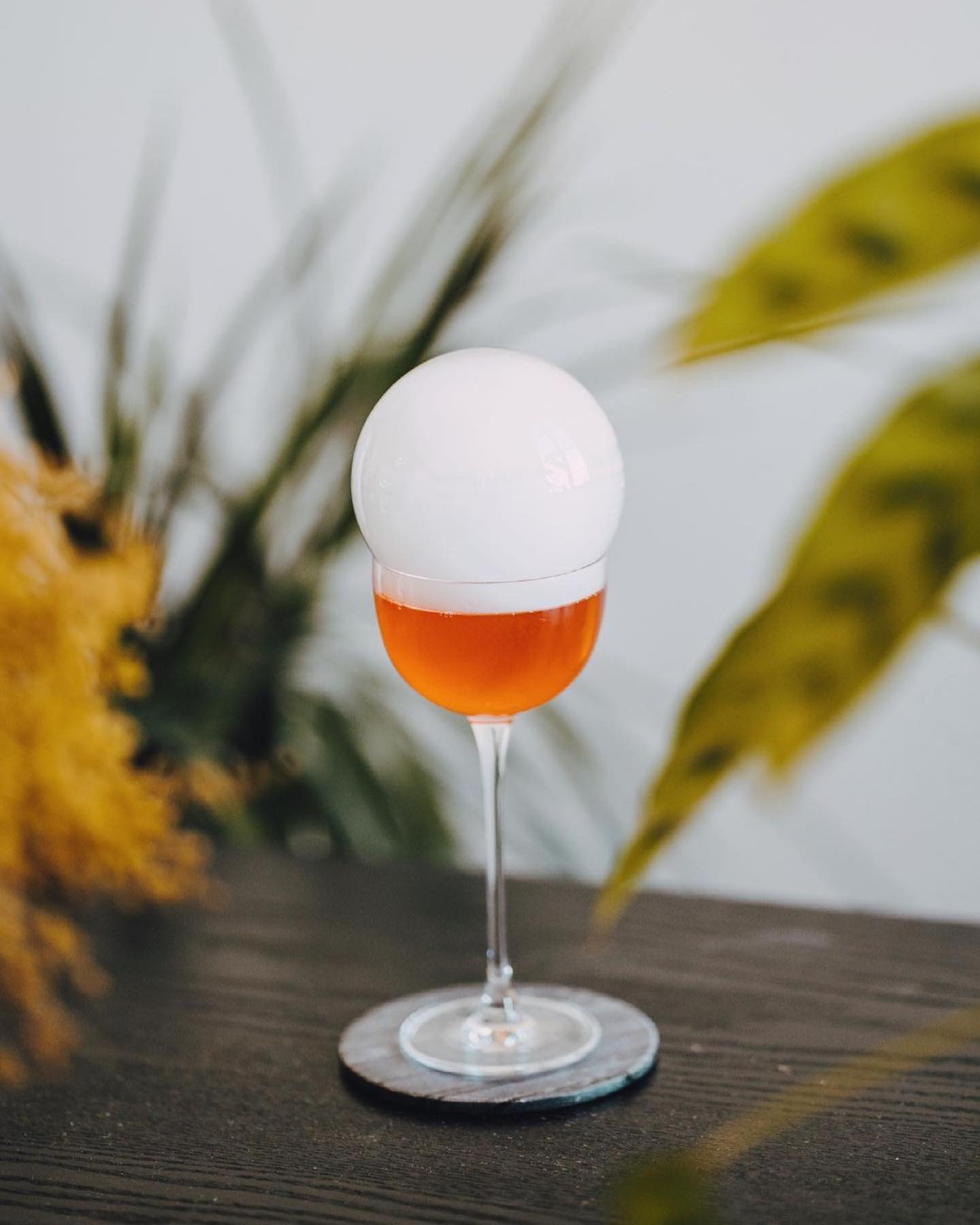 Elegante cocktail in een smal wijnglas met een grote witte schuimbol, omgeven door droogbloemen.