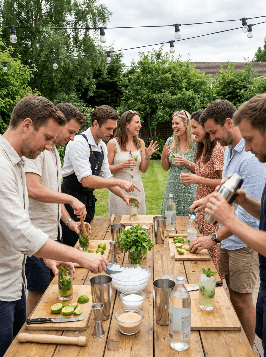 Gasten maken mojito's tijdens een cocktailworkshop in een zomerse tuin met feestverlichting