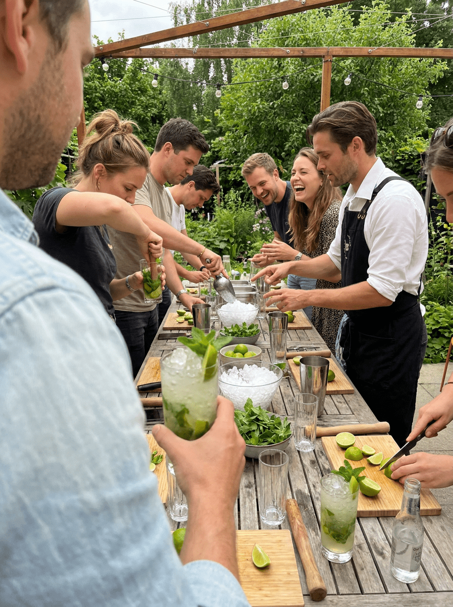 Gasten maken mojito's tijdens een cocktailworkshop buiten in een groene tuin begeleid door een bartender