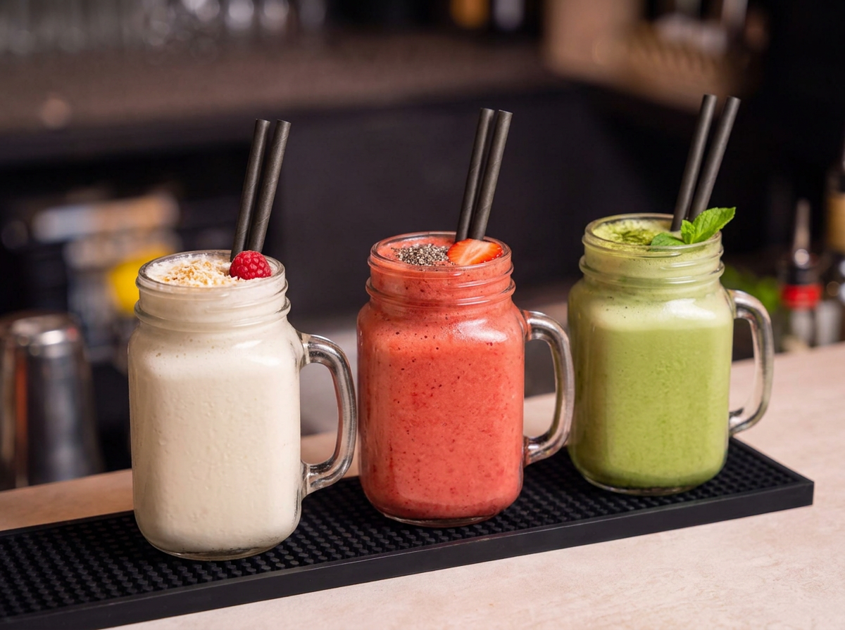 Drie shakes in glazen potten met handvat op een barmat: wit met framboos, rood met chiazaad en aardbei, groen met munt.